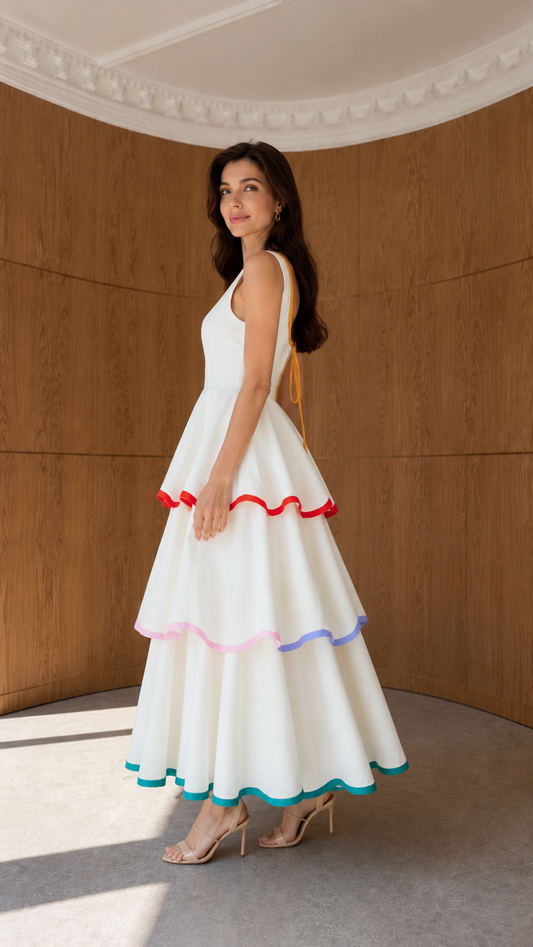Side view of ivory tiered maxi dress with scoop neckline and full skirt