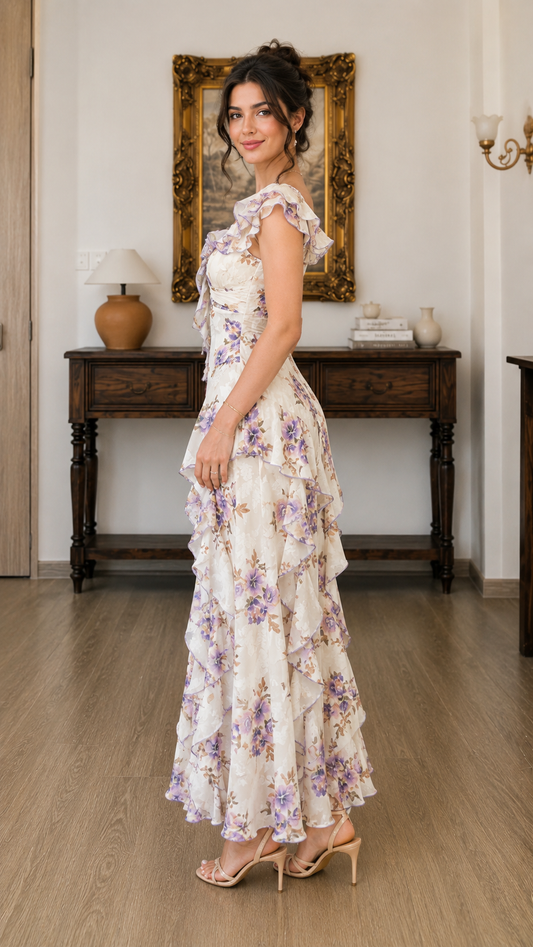 Side view of ivory floral maxi dress showing fitted bodice and cascading ruffle skirt