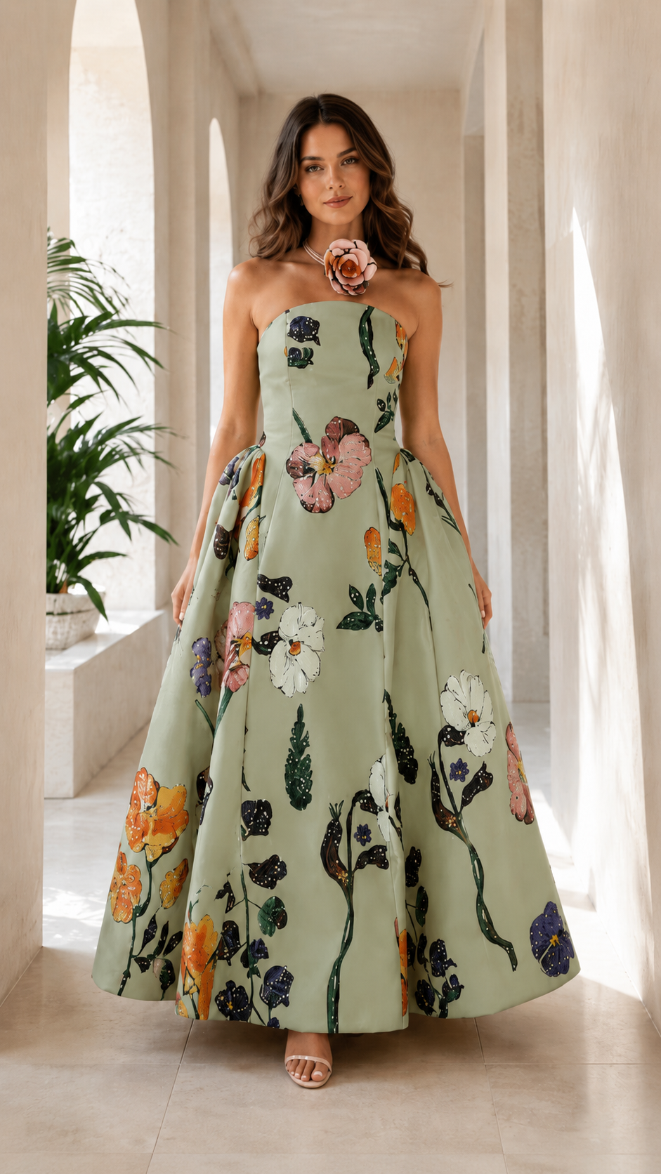Front view of sage green strapless floral ball gown maxi dress