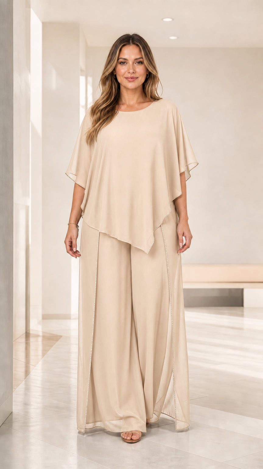 Full front view of the champagne beige elegant chiffon capelet pant suit