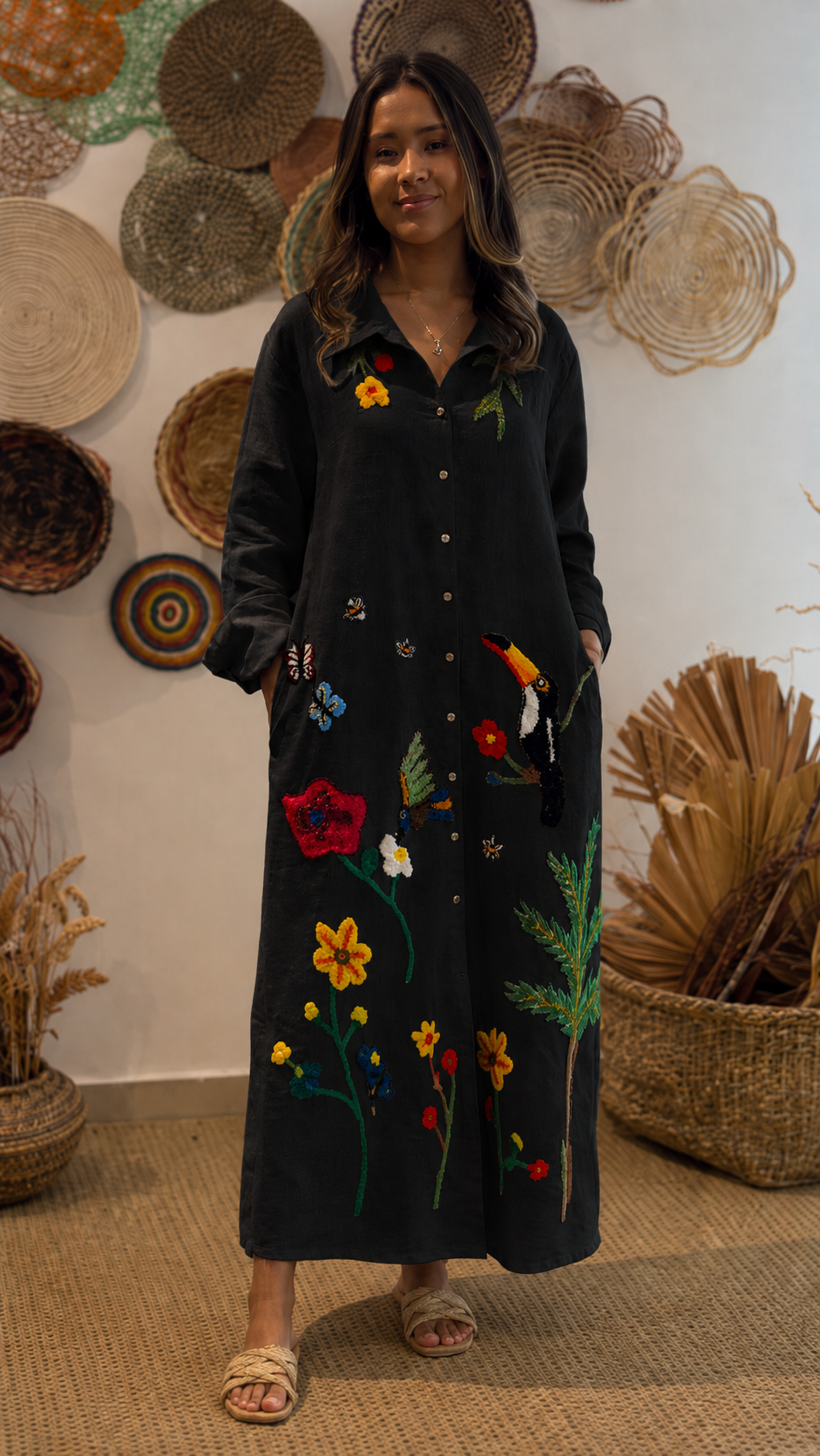 Black embroidered floral shirt maxi dress with colorful front embroidery