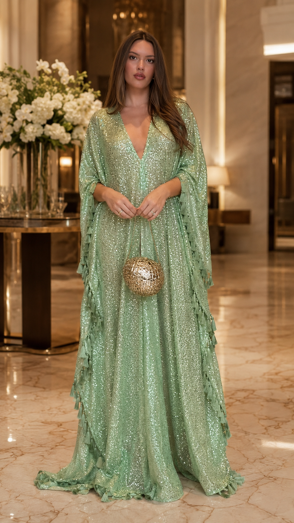 Sage green shimmering kaftan maxi gown with deep V-neck and draped cape sleeves front view