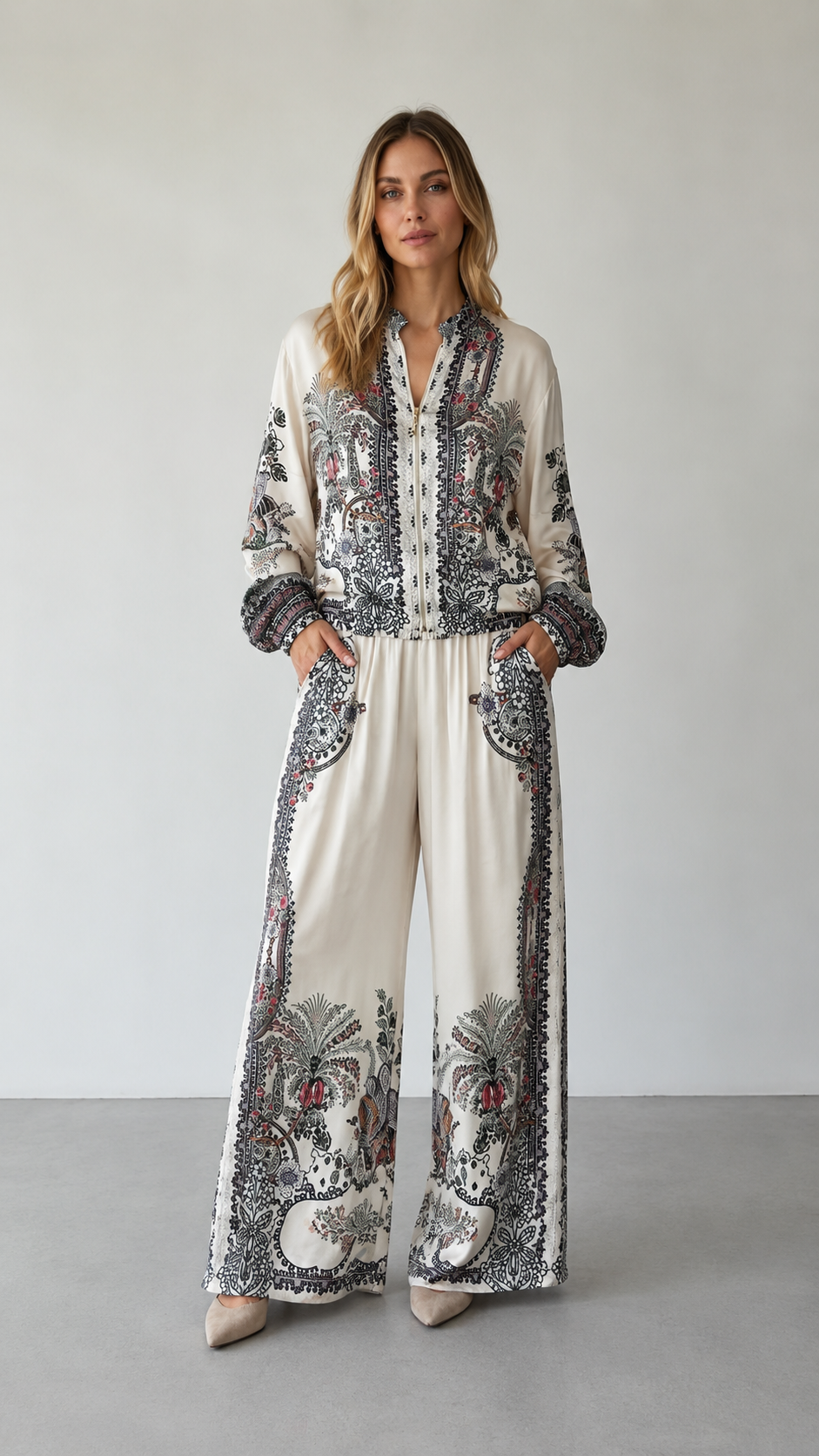 Front view of ivory paisley print matching set with zip-front top and wide-leg pants