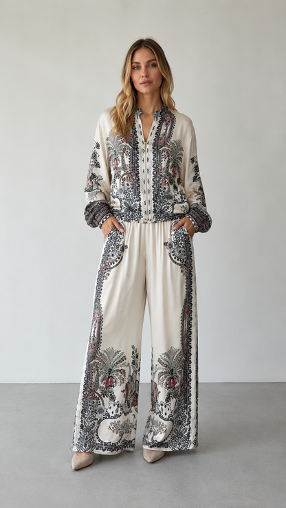 Front view of ivory paisley print matching set with zip-front top and wide-leg pants