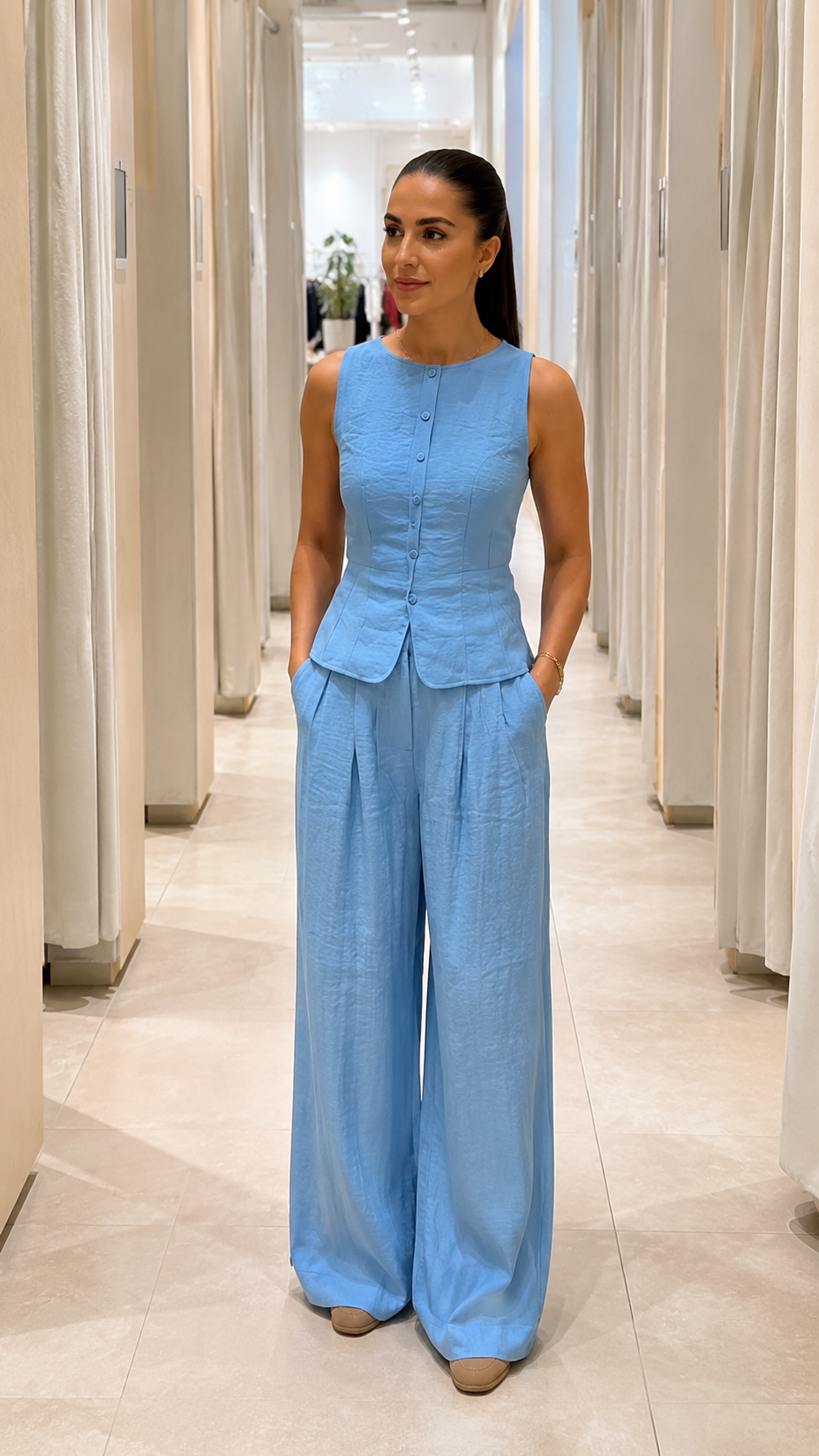Front view of sky blue sleeveless peplum top and wide leg pants set with hands in pockets