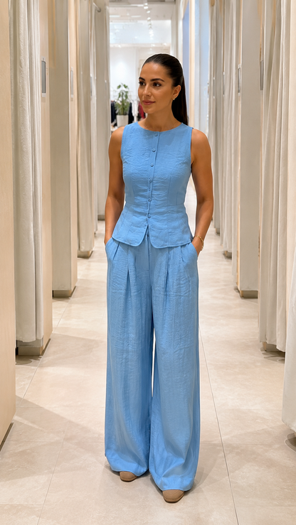 Front view of sky blue sleeveless peplum top and wide leg pants set with hands in pockets