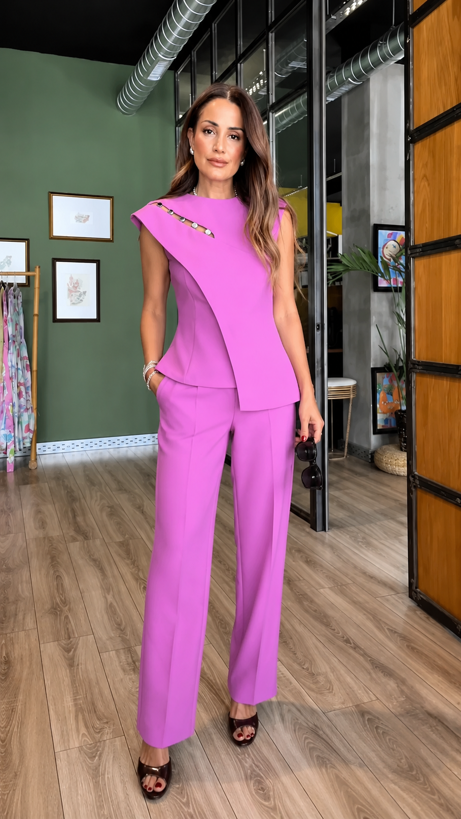Front view of orchid asymmetric cap sleeve top and wide leg pants set