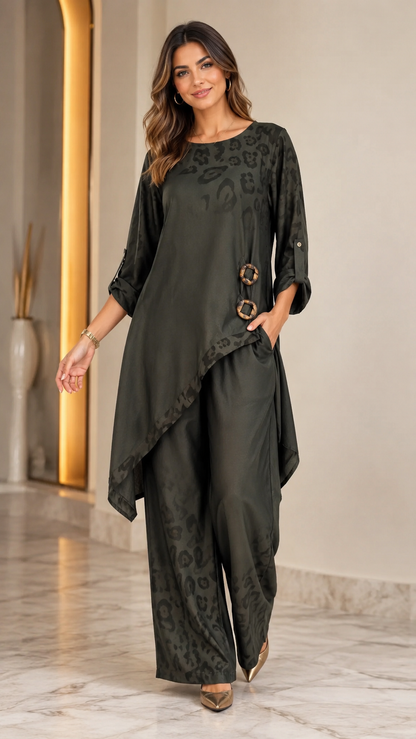 Women's olive asymmetrical tunic and wide leg pants two piece set front view