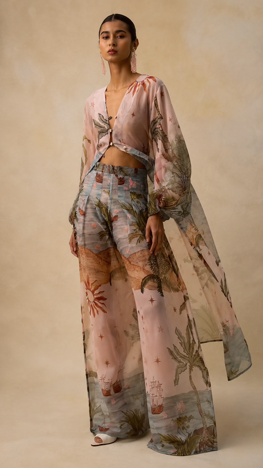 Front view of blush pink printed three-piece set with tie-front crop top, wide-leg pants, and sheer overlay
