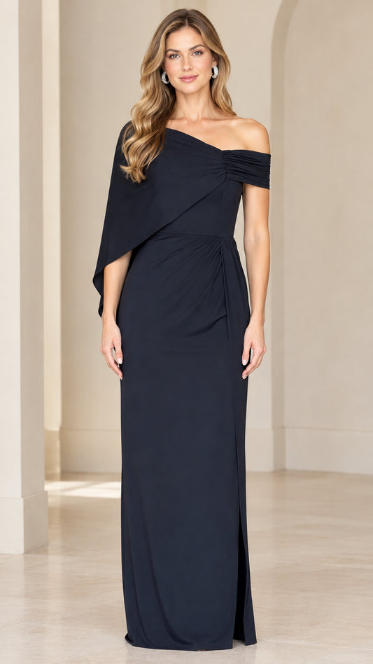 Front view of woman wearing navy blue one-shoulder drape maxi formal gown
