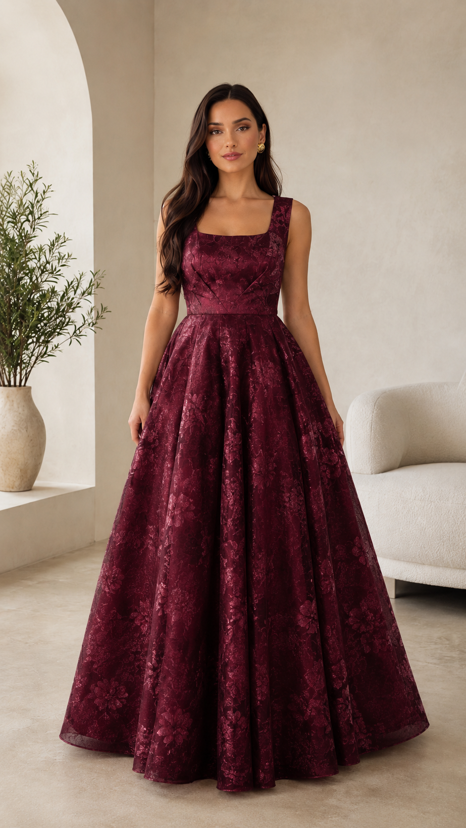 Burgundy square neck sleeveless jacquard ball gown maxi dress front view