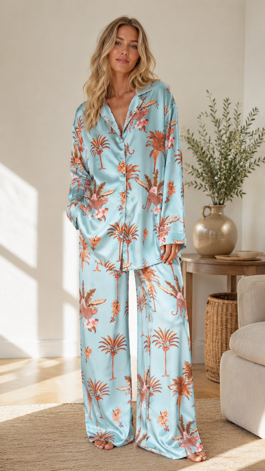 Woman wearing sky blue tropical print satin-look pajama set with button-front shirt and wide-leg pants front view