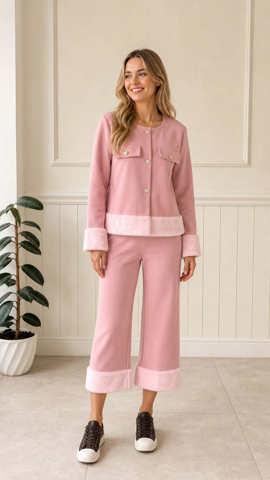Front full-length view of woman wearing pink faux fur trim jacket and matching cropped pants set