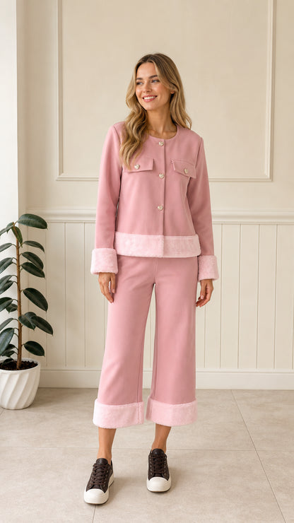 Front full-length view of woman wearing pink faux fur trim jacket and matching cropped pants set