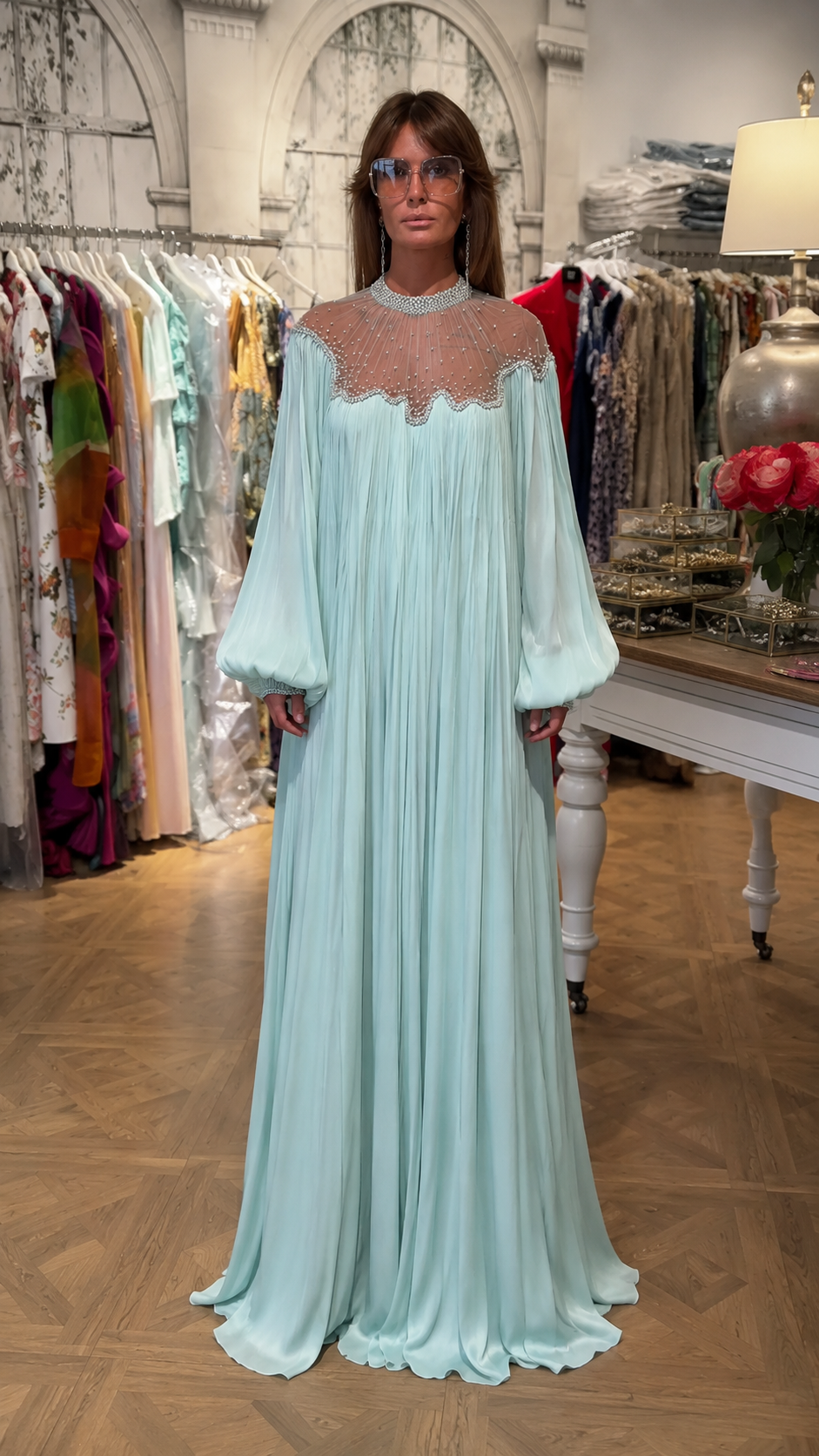 Front view of ice blue pleated maxi dress with beaded sheer yoke and long balloon sleeves