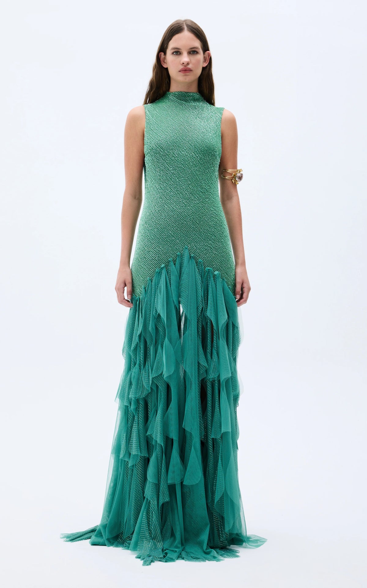 Front view of emerald textured sleeveless mermaid evening gown with layered ruffle hem