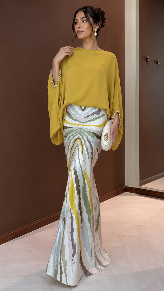 Mustard batwing sleeve mermaid maxi dress with abstract printed skirt front view