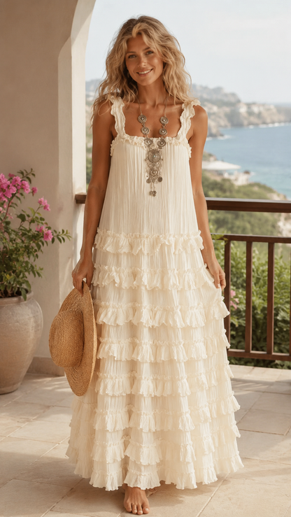 Front view of cream pleated ruffle tiered maxi dress with square neckline and shoulder ruffles