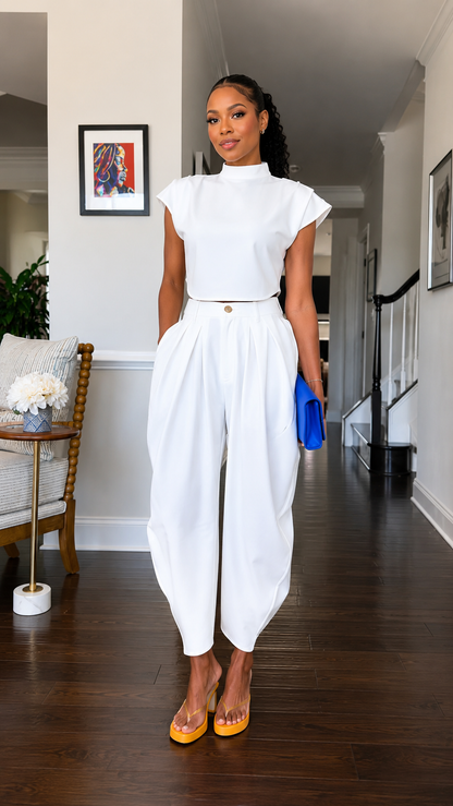 Front view of white mock neck cap sleeve harem jumpsuit with defined waist and tapered legs