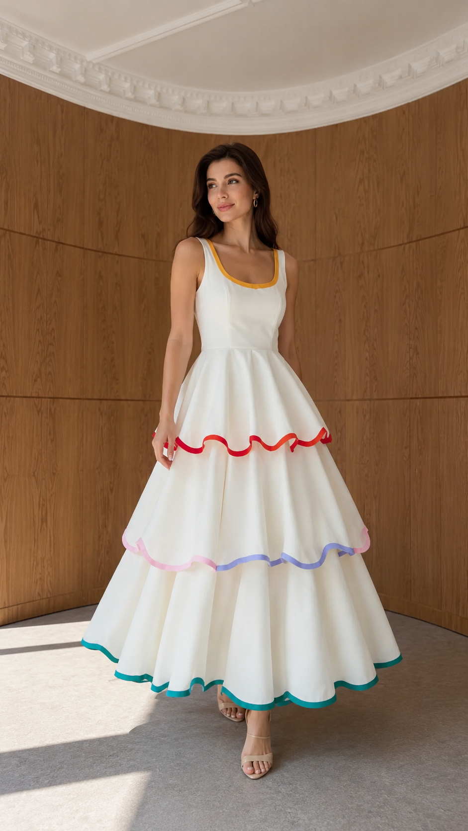 Front view of ivory tiered sleeveless maxi dress with multicolor contrast trim
