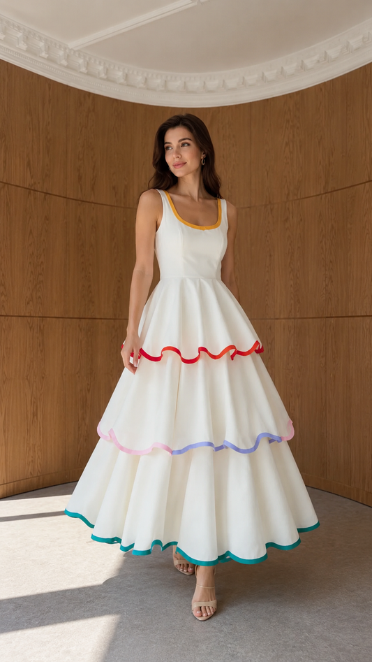 Front view of ivory tiered sleeveless maxi dress with multicolor contrast trim