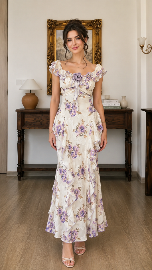 Front view of ivory floral off-shoulder maxi dress with ruffle sleeves and rosette detail