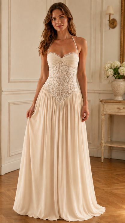 Front view of ivory halter maxi dress with ruched bust, lace bodice, and flowing skirt