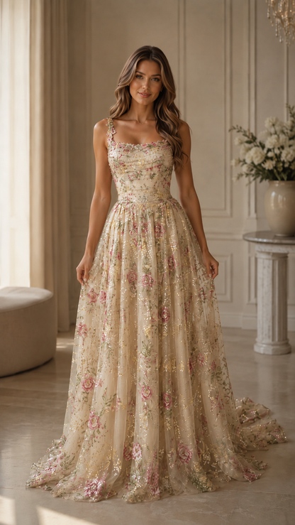 Champagne floral glitter ball gown maxi dress front view