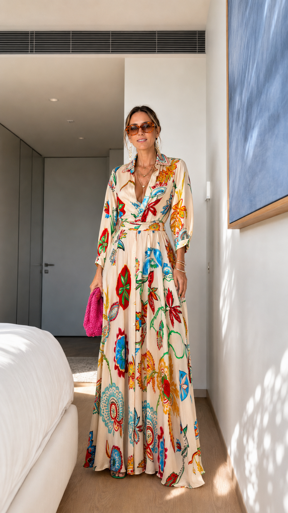 Front view of cream printed shirt collar maxi dress with belted waist and long sleeves