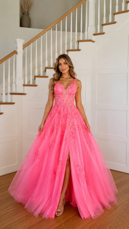 Front view of hot pink embroidered tulle ball gown with plunging V-neck and high slit