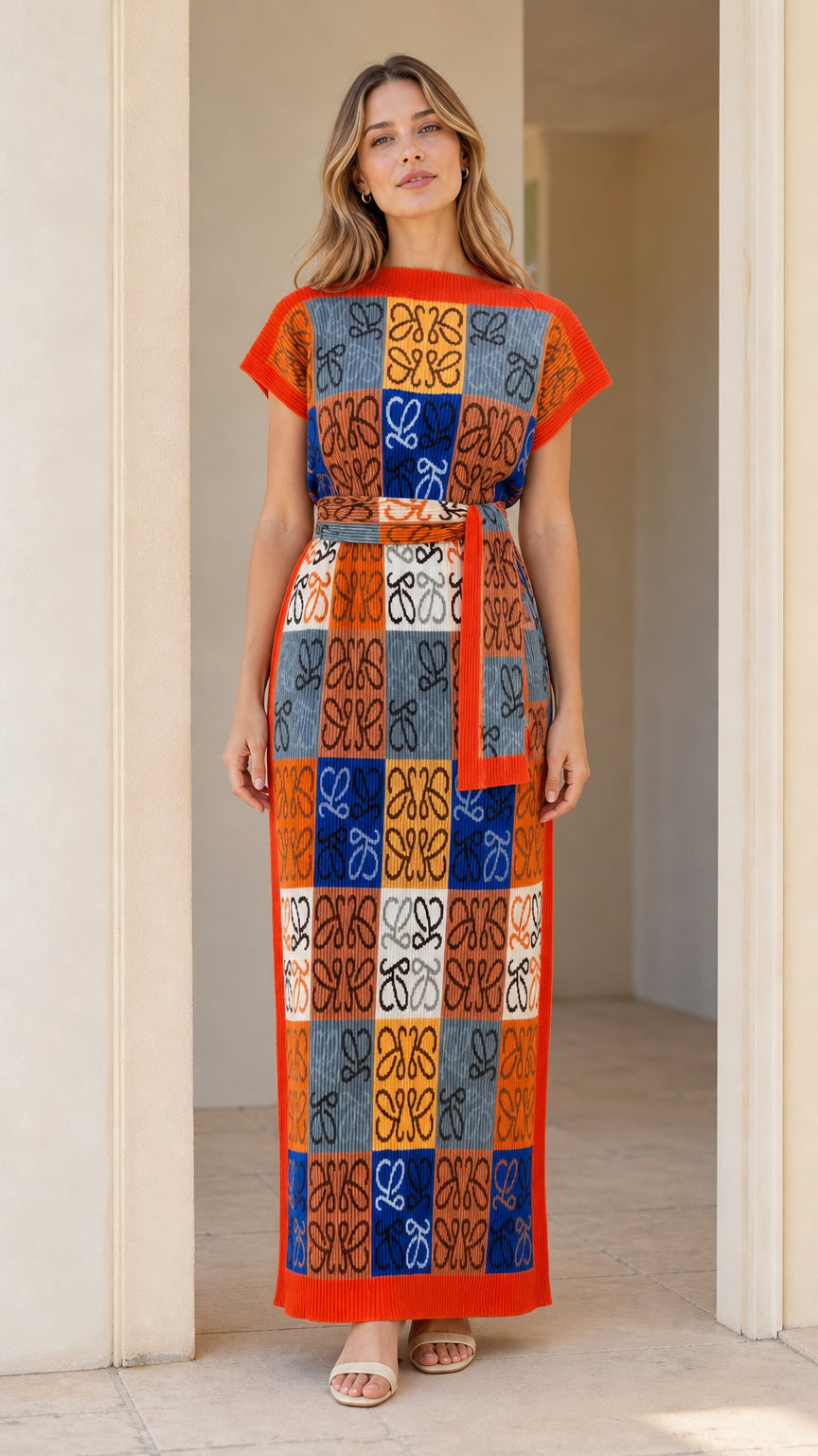 Front view of model wearing geometric jacquard knit maxi dress in Orange Multi with waist tie