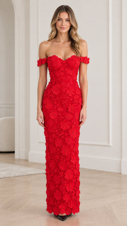 Red off-the-shoulder 3D floral lace maxi gown front view