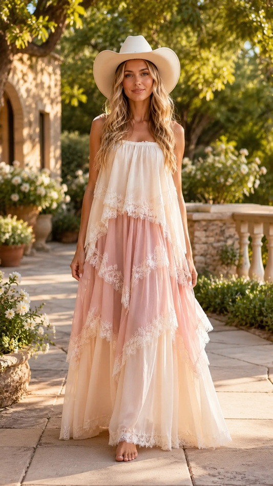 Front view of blush ombre tiered lace trim sleeveless maxi dress with flowing layered skirt