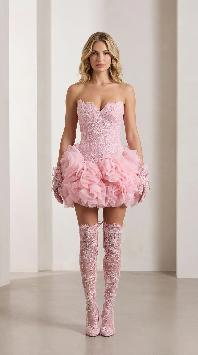 Front view of model wearing pink strapless lace corset mini dress with dramatic ruffle skirt