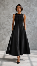 Front view of black sleeveless A-line dress with white contrast piping and full skirt