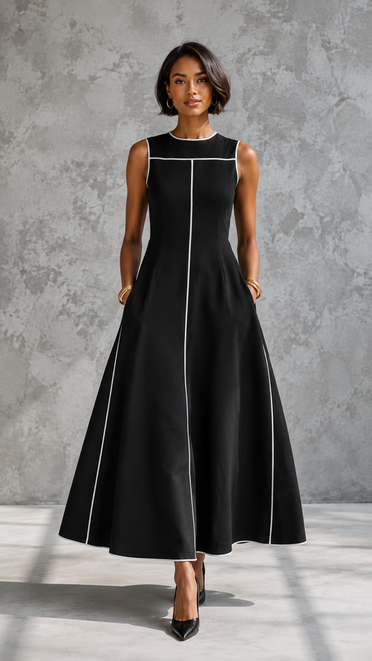 Front view of black sleeveless A-line dress with white contrast piping and full skirt