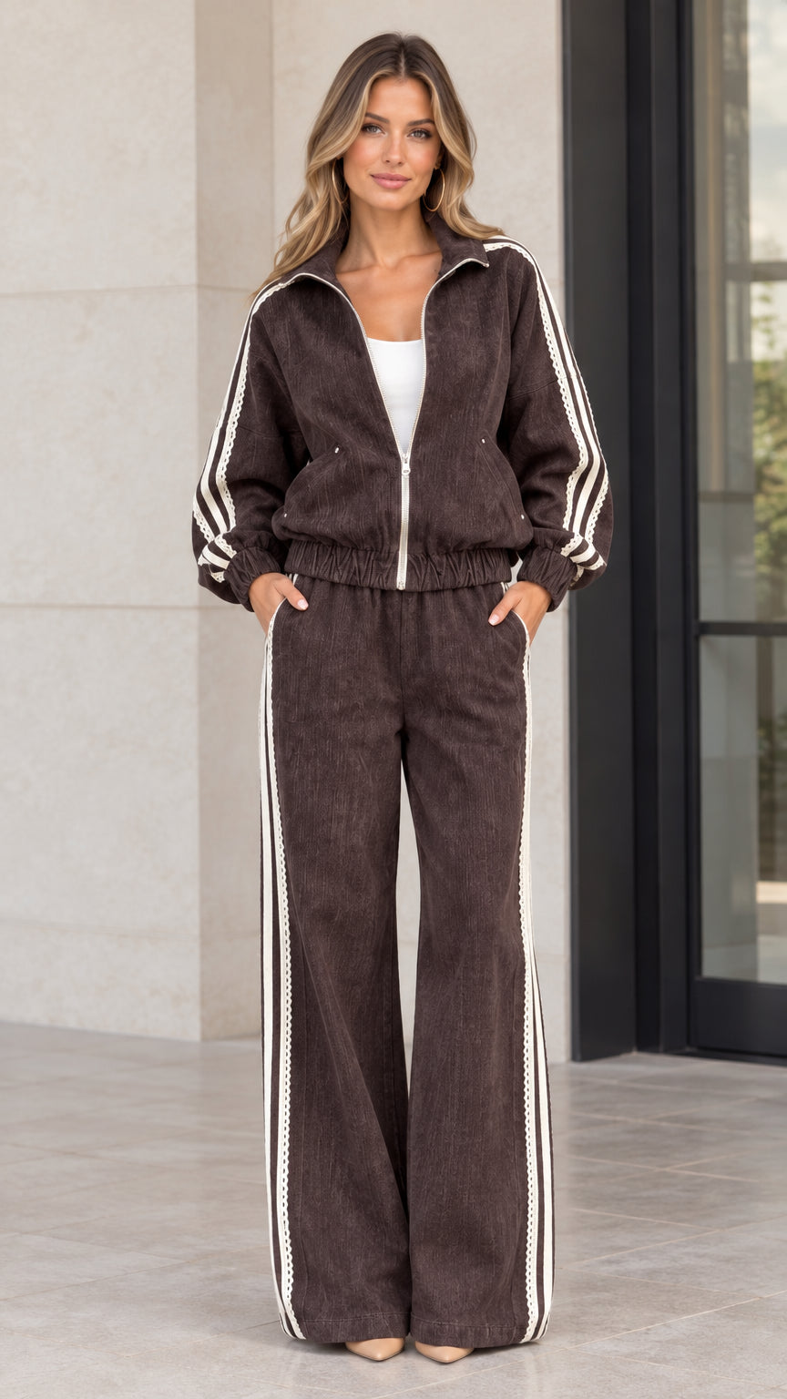 Front full view of woman wearing brown corduroy zip-up jacket and matching wide-leg striped pants