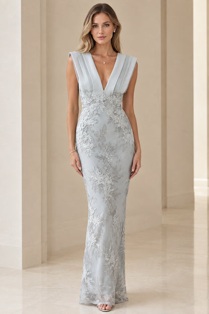 Front view of model wearing dusty blue pleated chiffon and corded lace evening maxi gown