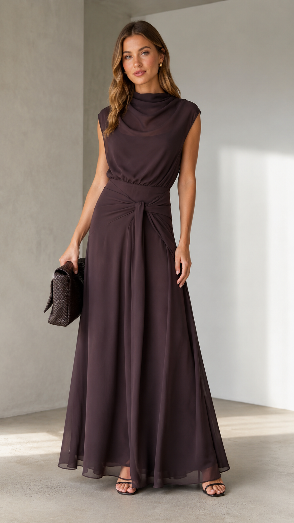 Front view of espresso brown draped mock neck sleeveless maxi dress with twist waist and flowing skirt