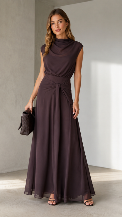 Front view of espresso brown draped mock neck sleeveless maxi dress with twist waist and flowing skirt