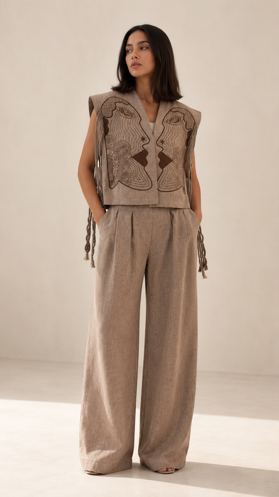 Front view of taupe embroidered sleeveless vest and wide leg pants set