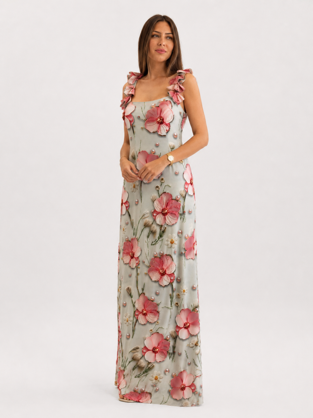 Angled front view of sage green square neck floral maxi dress