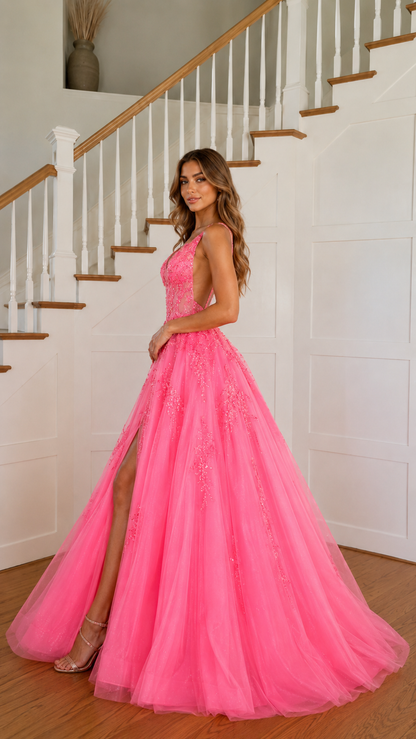 Side view of hot pink formal ball gown with layered tulle skirt and fitted bodice