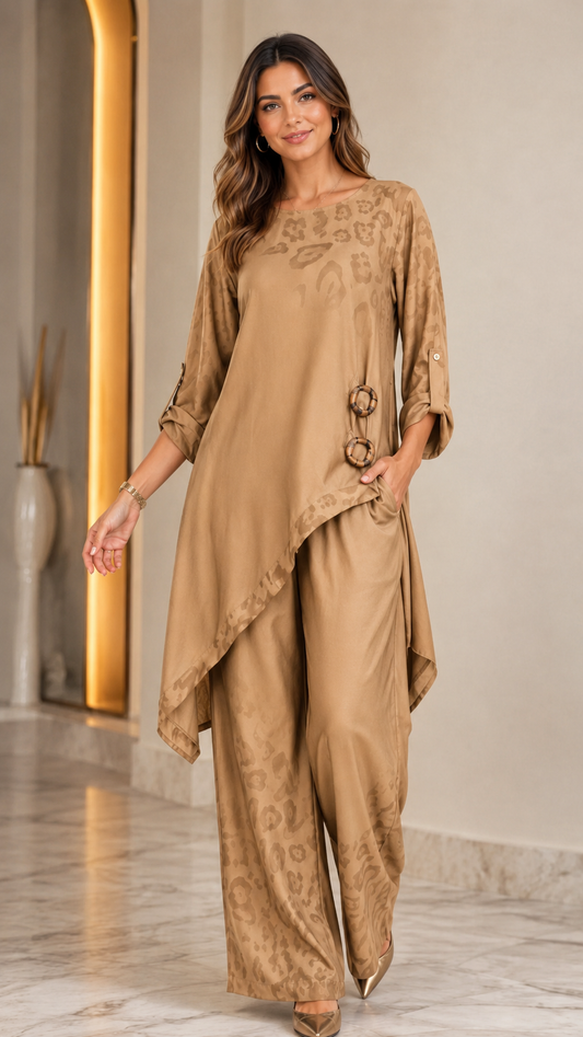 Women's camel asymmetrical tunic and wide leg pants two piece set front view