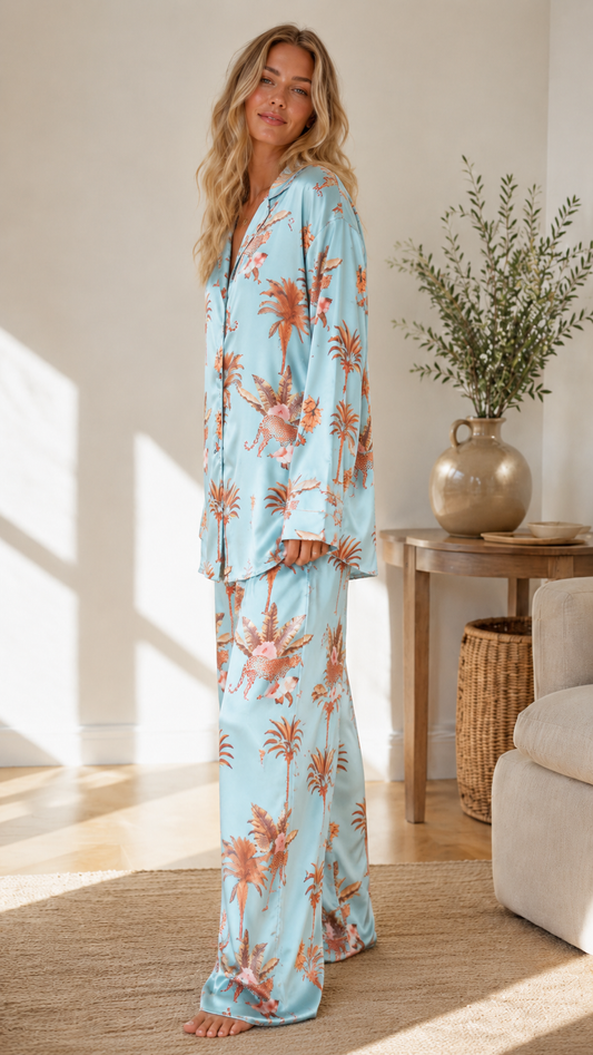 Side view of sky blue tropical print pajama set with relaxed long sleeve shirt and flowing pants