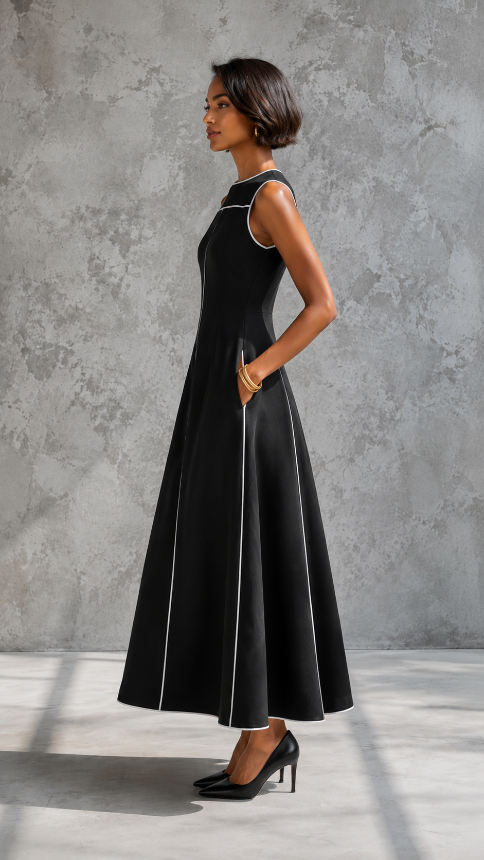 Side view of black sleeveless contrast piping dress with defined waist and pockets