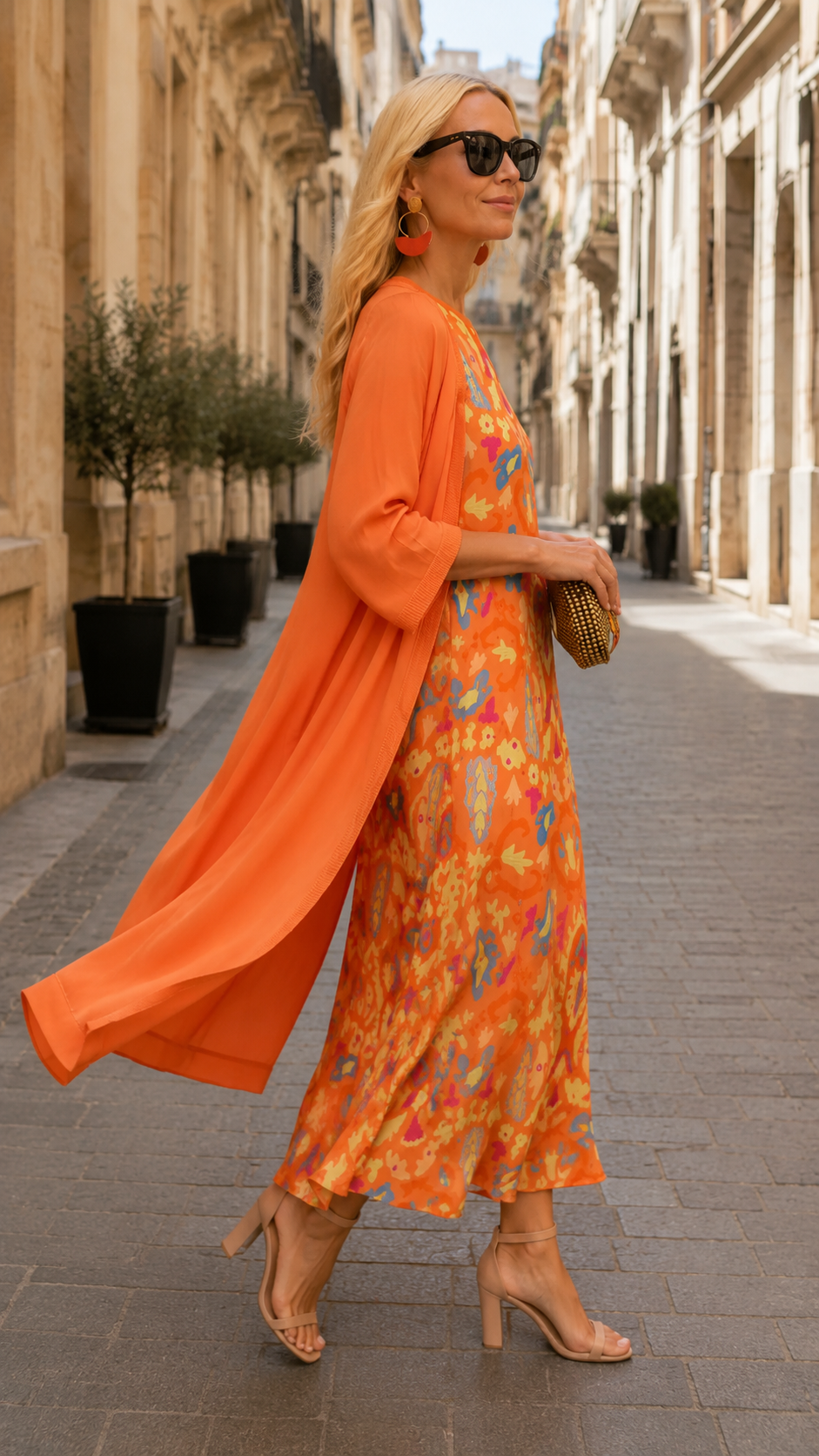 Orange printed sleeveless maxi dress with matching draped cover up side view