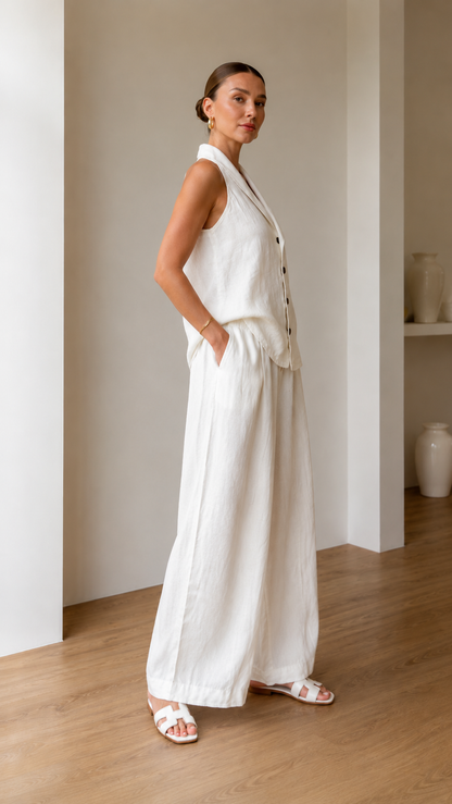 Side view of white sleeveless halter vest and flowing wide leg pants set