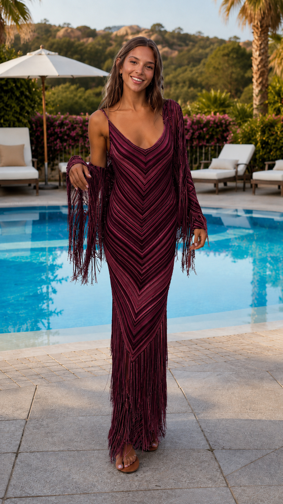 Front view of burgundy chevron fringe maxi dress with matching shawl