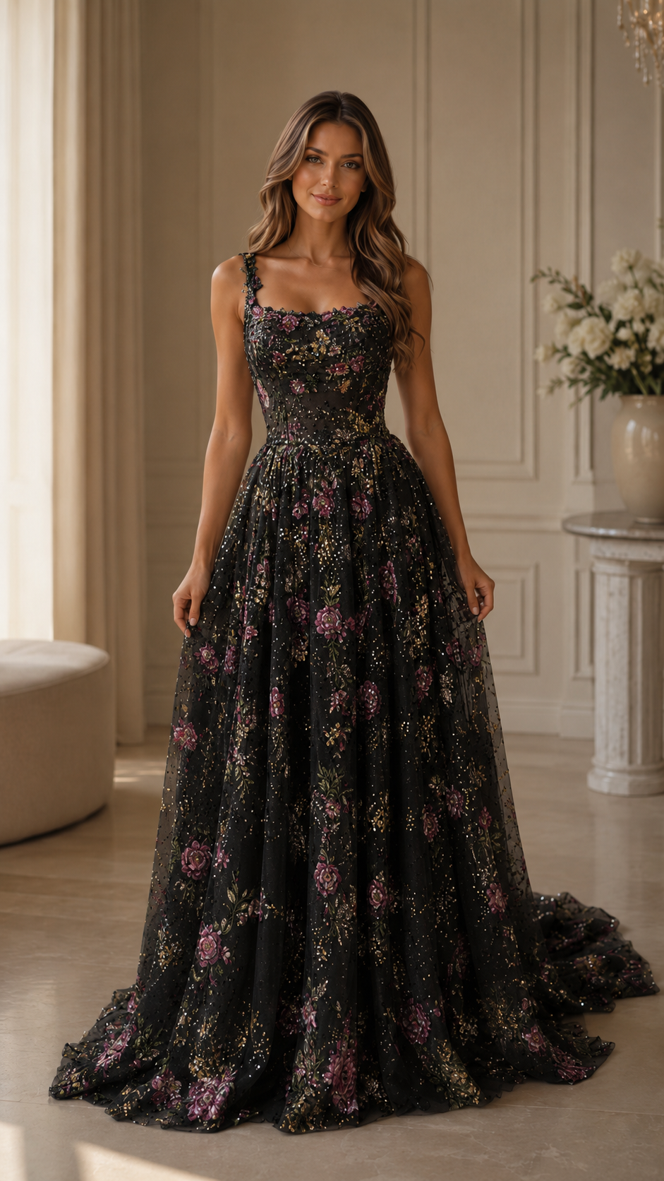 Black floral glitter ball gown maxi dress front view